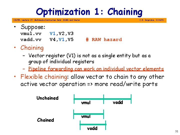 Optimization 1: Chaining CS 252, Lecture 15: Multimedia Instruction Sets: SIMD and Vector •