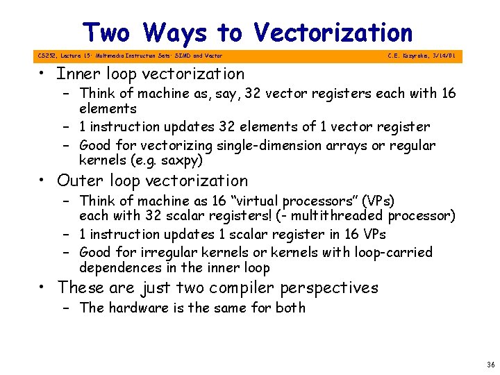 Two Ways to Vectorization CS 252, Lecture 15: Multimedia Instruction Sets: SIMD and Vector