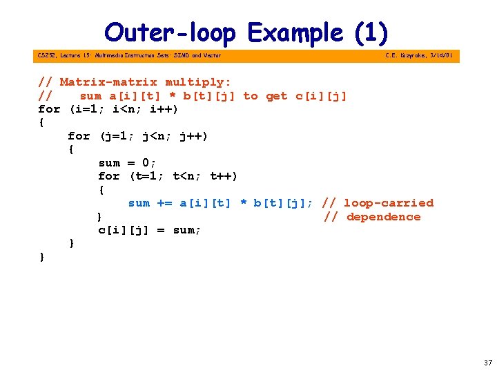 Outer-loop Example (1) CS 252, Lecture 15: Multimedia Instruction Sets: SIMD and Vector C.