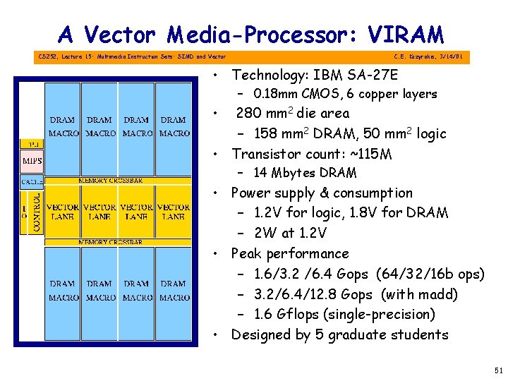 A Vector Media-Processor: VIRAM CS 252, Lecture 15: Multimedia Instruction Sets: SIMD and Vector