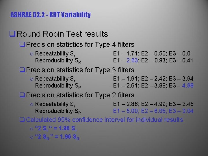 ASHRAE 52. 2 - RRT Variability q Round Robin Test results q. Precision statistics