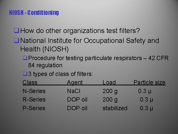 NIOSH - Conditioning q How do other organizations test filters? q National Institute for