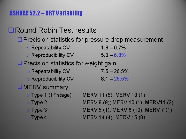 ASHRAE 52. 2 – RRT Variability q Round Robin Test results q. Precision statistics