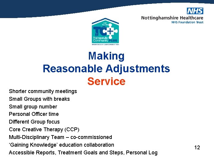 Making Reasonable Adjustments Service Shorter community meetings Small Groups with breaks Small group number