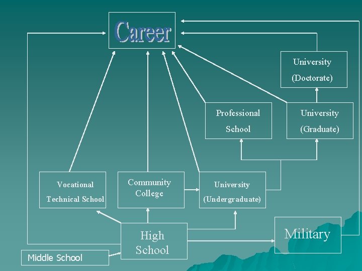 University (Doctorate) Vocational Technical School Middle School Community College High School Professional University School