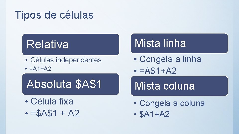 Tipos de células Relativa Mista linha • Células independentes • Congela a linha •