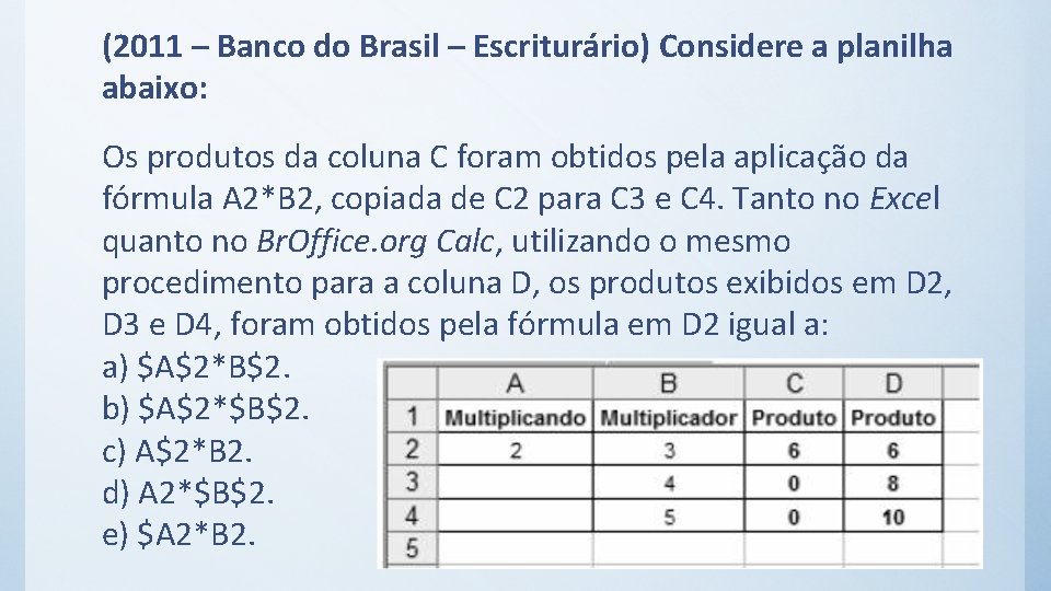 (2011 – Banco do Brasil – Escriturário) Considere a planilha abaixo: Os produtos da