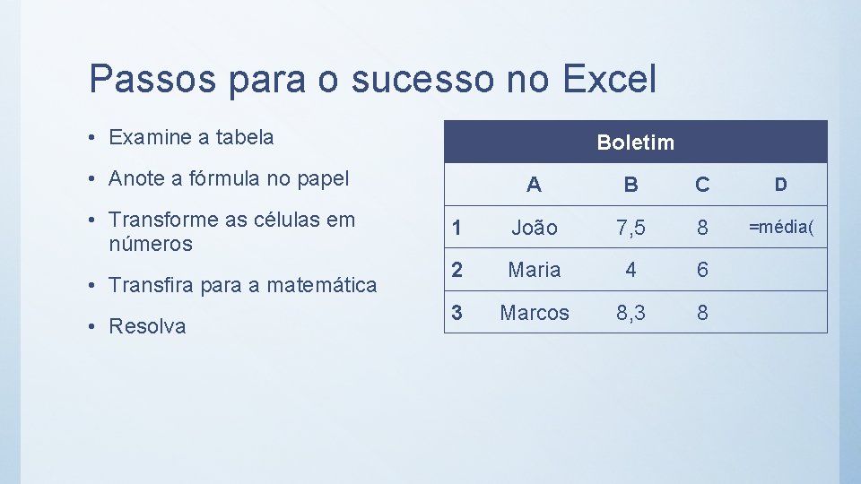 Passos para o sucesso no Excel • Examine a tabela Boletim • Anote a