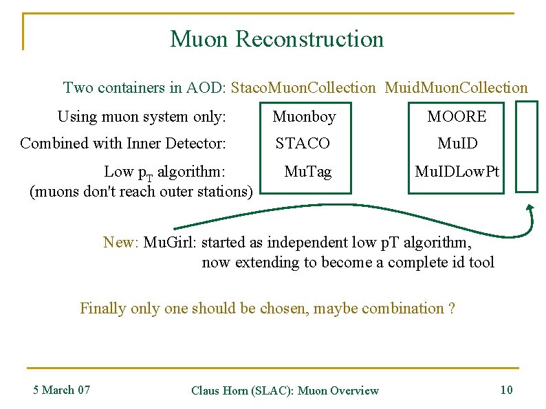 Muon Reconstruction Two containers in AOD: Staco. Muon. Collection Muid. Muon. Collection Using muon