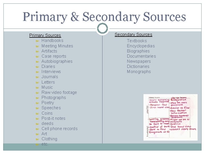 Primary & Secondary Sources Primary Sources Handbooks Meeting Minutes Artifacts Case reports Autobiographies Diaries