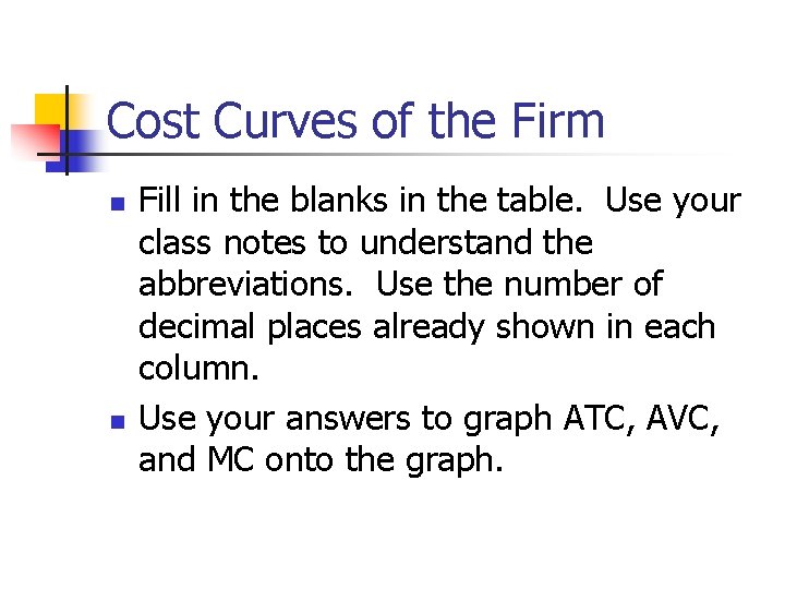 Cost Curves of the Firm n n Fill in the blanks in the table.