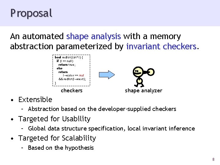 Proposal An automated shape analysis with a memory abstraction parameterized by invariant checkers bool