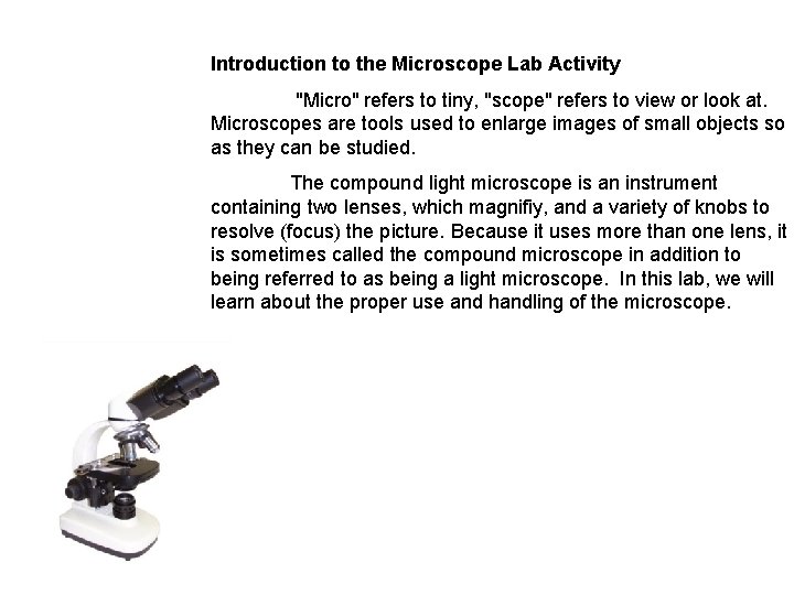 Introduction to the Microscope Lab Activity "Micro" refers to tiny, "scope" refers to view