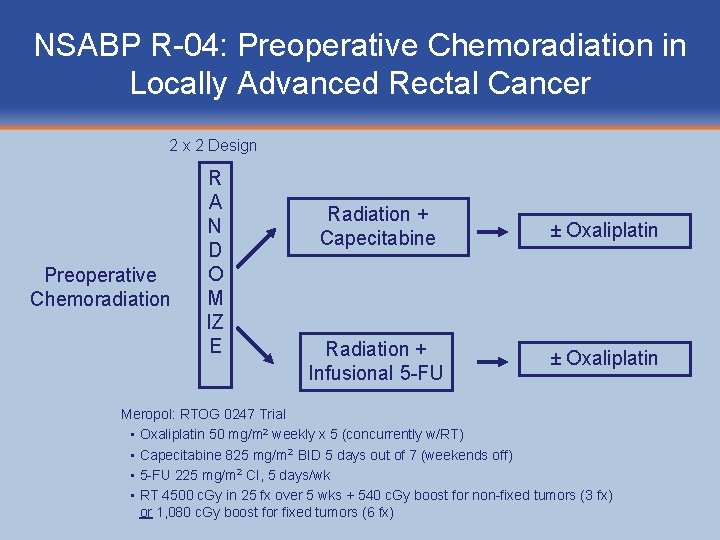 NSABP R-04: Preoperative Chemoradiation in Locally Advanced Rectal Cancer 2 x 2 Design Preoperative