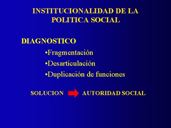 INSTITUCIONALIDAD DE LA POLITICA SOCIAL DIAGNOSTICO • Fragmentación • Desarticulación • Duplicación de funciones