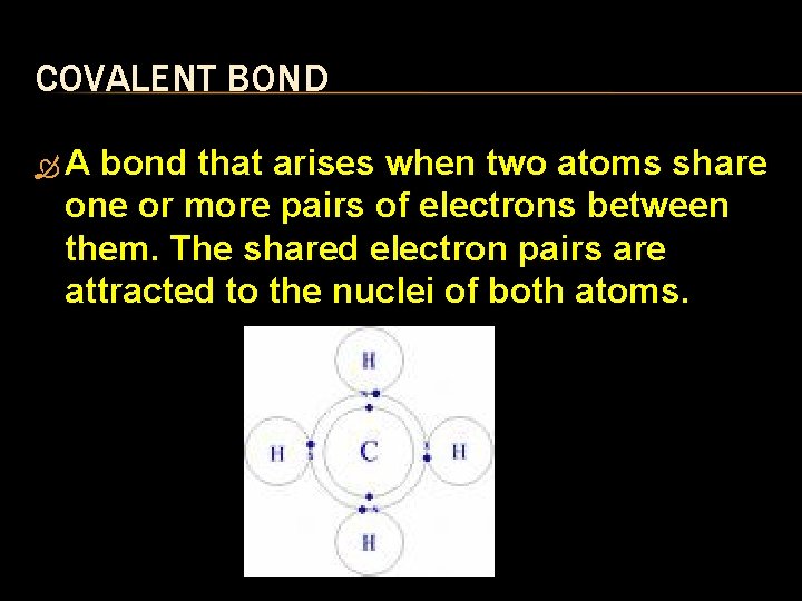 COVALENT BOND A bond that arises when two atoms share one or more pairs