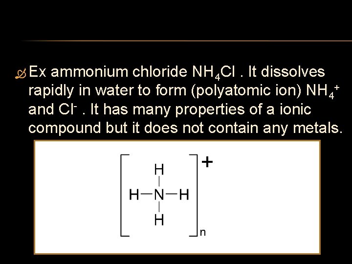  Ex ammonium chloride NH 4 Cl. It dissolves rapidly in water to form