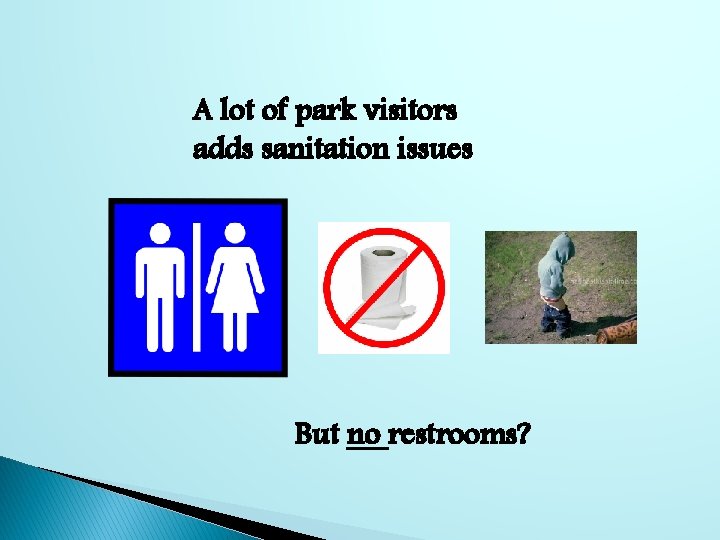 A lot of park visitors adds sanitation issues But no restrooms? 