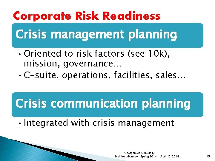 Corporate Risk Readiness Crisis management planning • Oriented to risk factors (see 10 k),