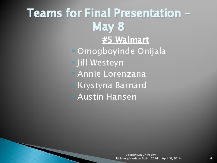 Teams for Final Presentation – May 8 #5 Walmart Omogboyinde Onijala Jill Westeyn Annie