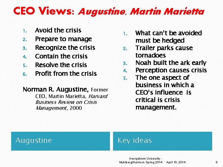 CEO Views: Augustine, Martin Marietta 1. 2. 3. 4. 5. 6. Avoid the crisis