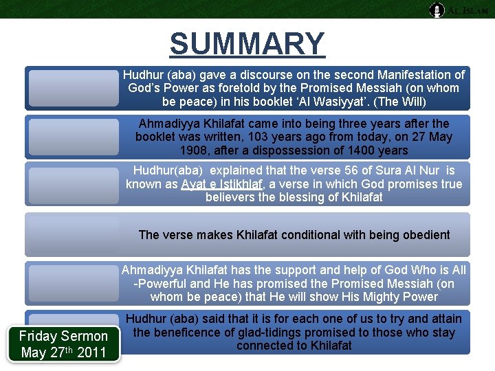 SUMMARY Hudhur (aba) gave a discourse on the second Manifestation of God’s Power as