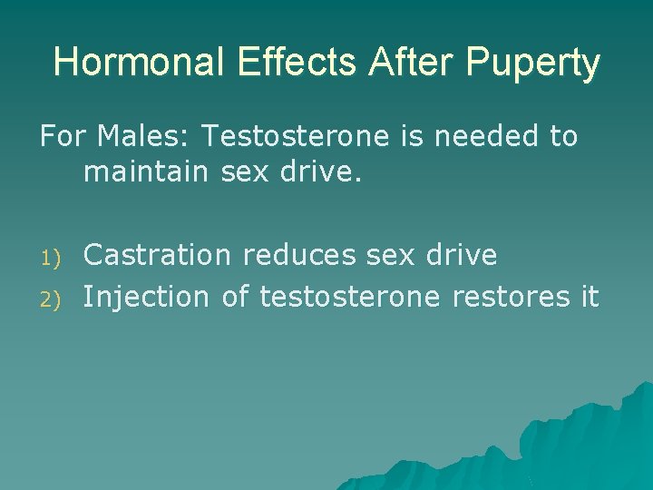 Hormonal Effects After Puperty For Males: Testosterone is needed to maintain sex drive. 1)