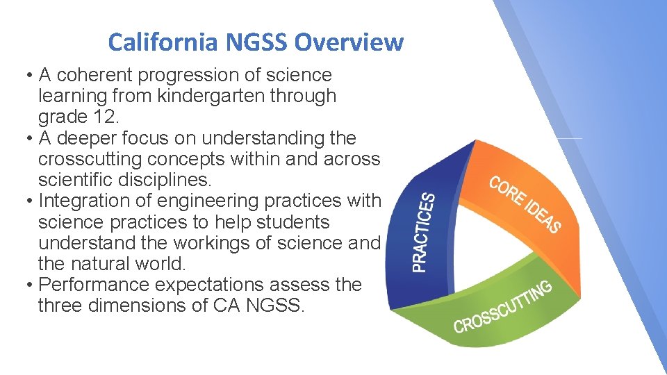 California NGSS Overview • A coherent progression of science learning from kindergarten through grade