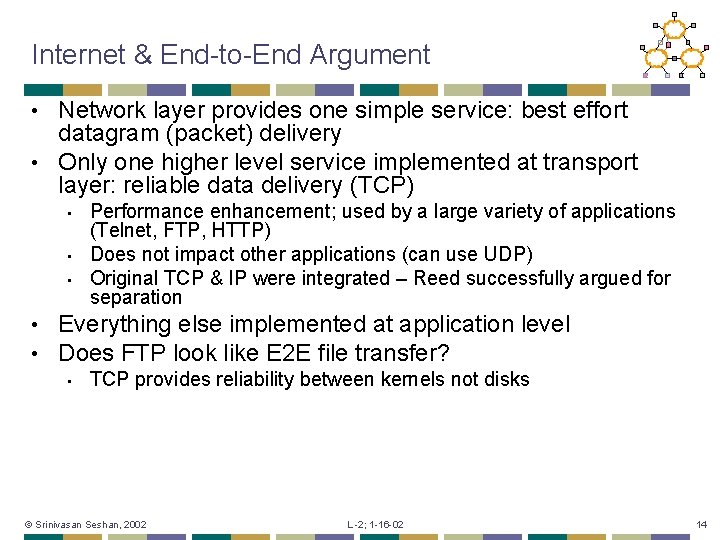 Internet & End-to-End Argument Network layer provides one simple service: best effort datagram (packet)