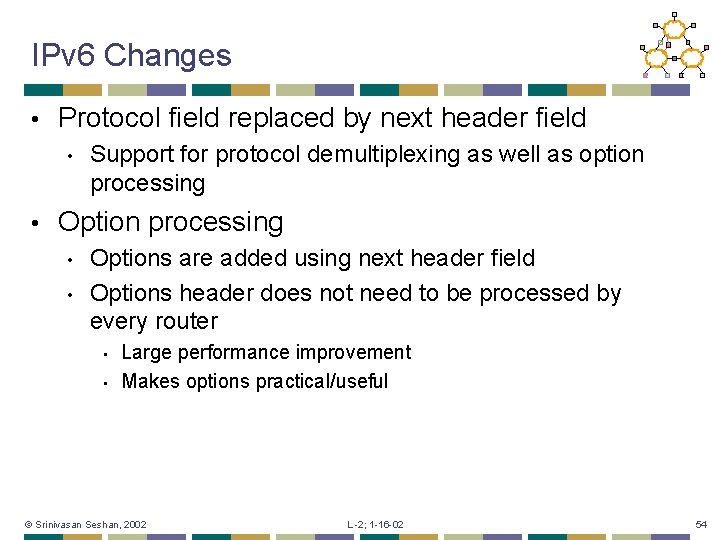 IPv 6 Changes • Protocol field replaced by next header field • • Support