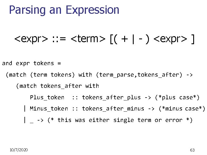 Parsing an Expression <expr> : : = <term> [( + | - ) <expr>