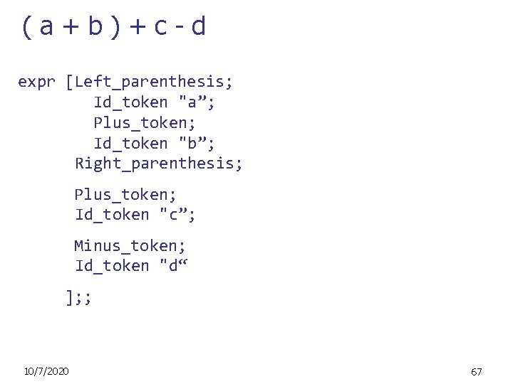 (a+b)+c-d expr [Left_parenthesis; Id_token "a”; Plus_token; Id_token "b”; Right_parenthesis; Plus_token; Id_token "c”; Minus_token; Id_token