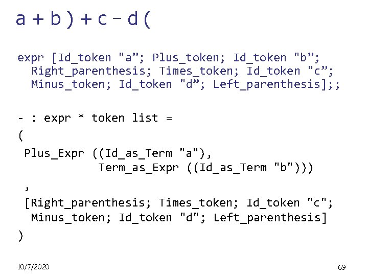 a+b)+c–d( expr [Id_token "a”; Plus_token; Id_token "b”; Right_parenthesis; Times_token; Id_token "c”; Minus_token; Id_token "d”;