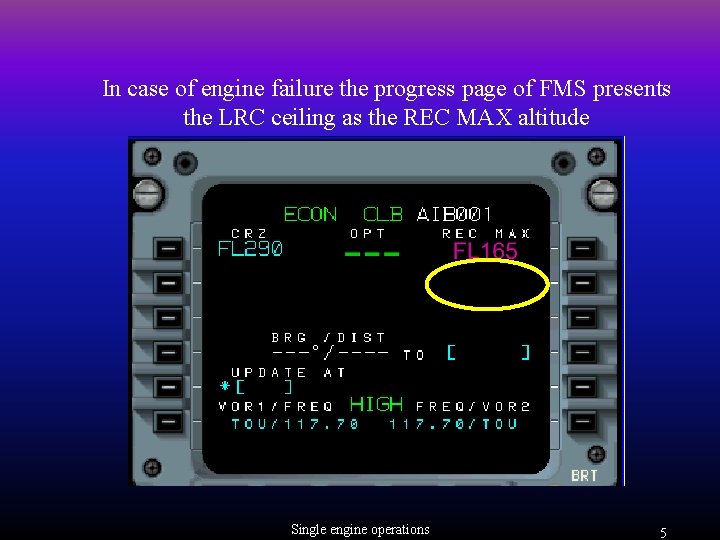 In case of engine failure the progress page of FMS presents the LRC ceiling