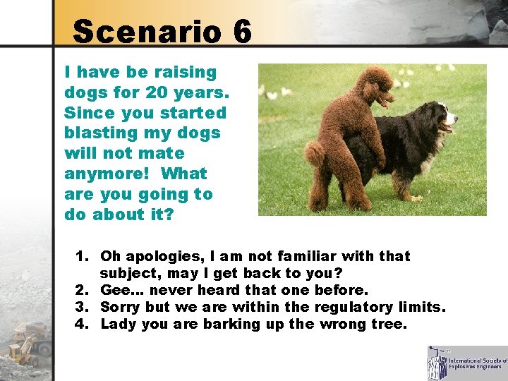 Scenario 6 I have be raising dogs for 20 years. Since you started blasting