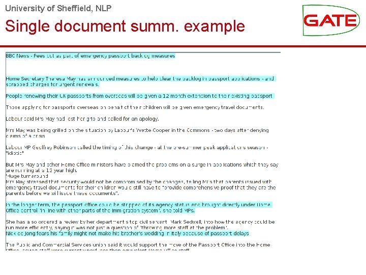 University of Sheffield, NLP Single document summ. example 