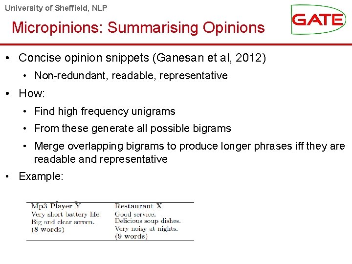 University of Sheffield, NLP Micropinions: Summarising Opinions • Concise opinion snippets (Ganesan et al,