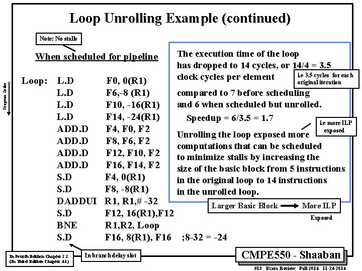 Loop Unrolling Example (continued) Note: No stalls Program Order When scheduled for pipeline Loop: