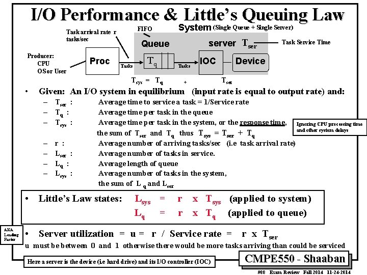I/O Performance & Little’s Queuing Law FIFO Task arrival rate r tasks/sec Producer: CPU