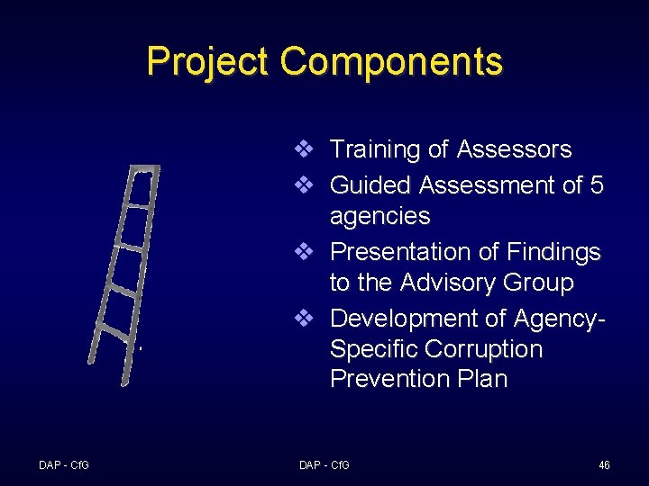 Project Components v Training of Assessors v Guided Assessment of 5 agencies v Presentation