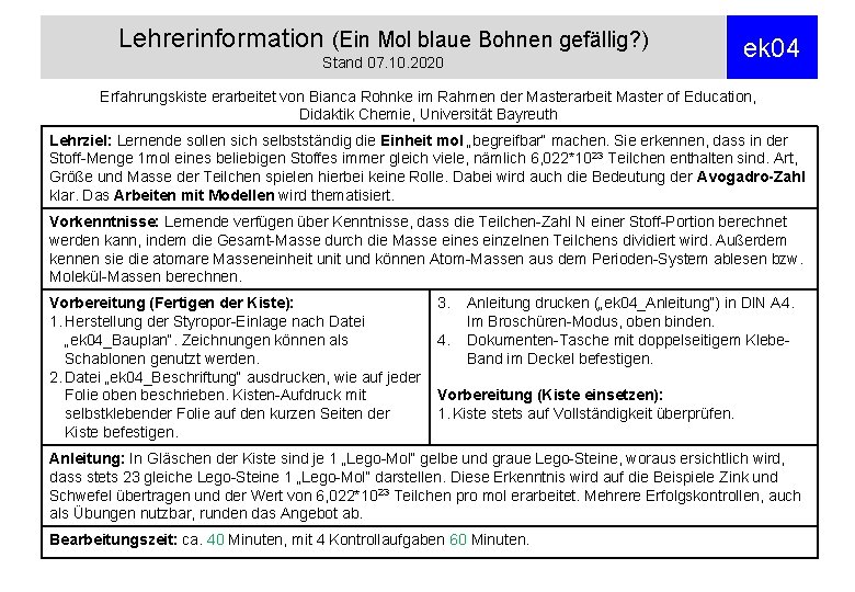 Lehrerinformation (Ein Mol blaue Bohnen gefällig? ) Stand 07. 10. 2020 ek 04 Erfahrungskiste