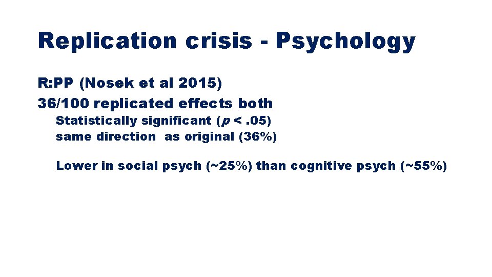 Replication crisis - Psychology R: PP (Nosek et al 2015) 36/100 replicated effects both Replication crisis - Psychology R: PP (Nosek et al 2015) 36/100 replicated effects both