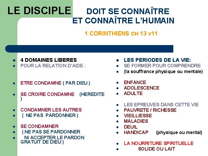LE DISCIPLE DOIT SE CONNAÎTRE ET CONNAÎTRE L’HUMAIN 1 CORINTHIENS CH 13 v 11