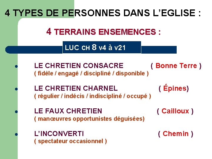  4 TYPES DE PERSONNES DANS L’EGLISE : 4 TERRAINS ENSEMENCES : LUC CH