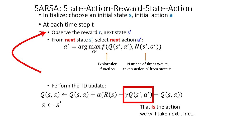 SARSA: State-Action-Reward-State-Action • Exploration function Number of times we’ve taken action a’ from state