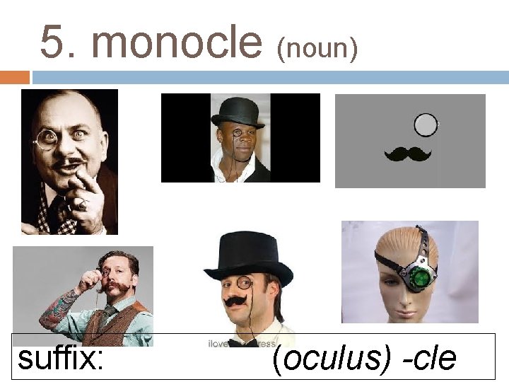 5. monocle (noun) suffix: (oculus) -cle 