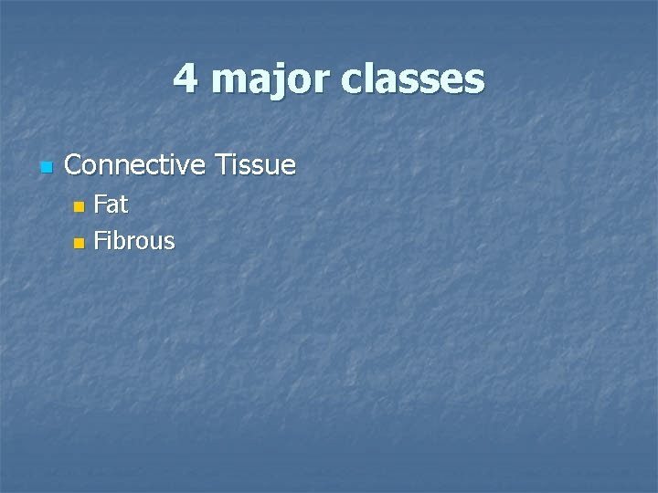 4 major classes n Connective Tissue Fat n Fibrous n 