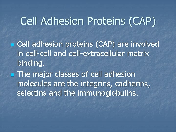 Cell Adhesion Proteins (CAP) n n Cell adhesion proteins (CAP) are involved in cell-cell