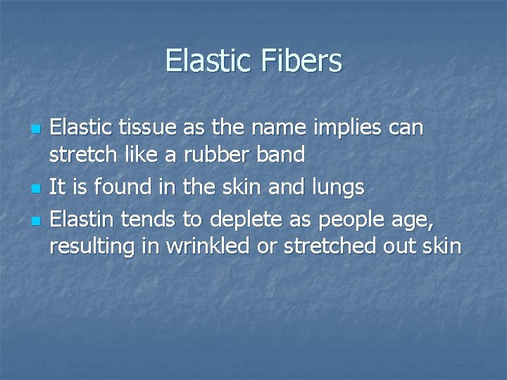 Elastic Fibers n n n Elastic tissue as the name implies can stretch like