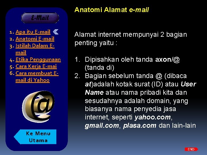 E-MAIL 1. Apa itu E-mail 2. Anatomi E-mail 3. Istilah Dalam Email 4. Etika